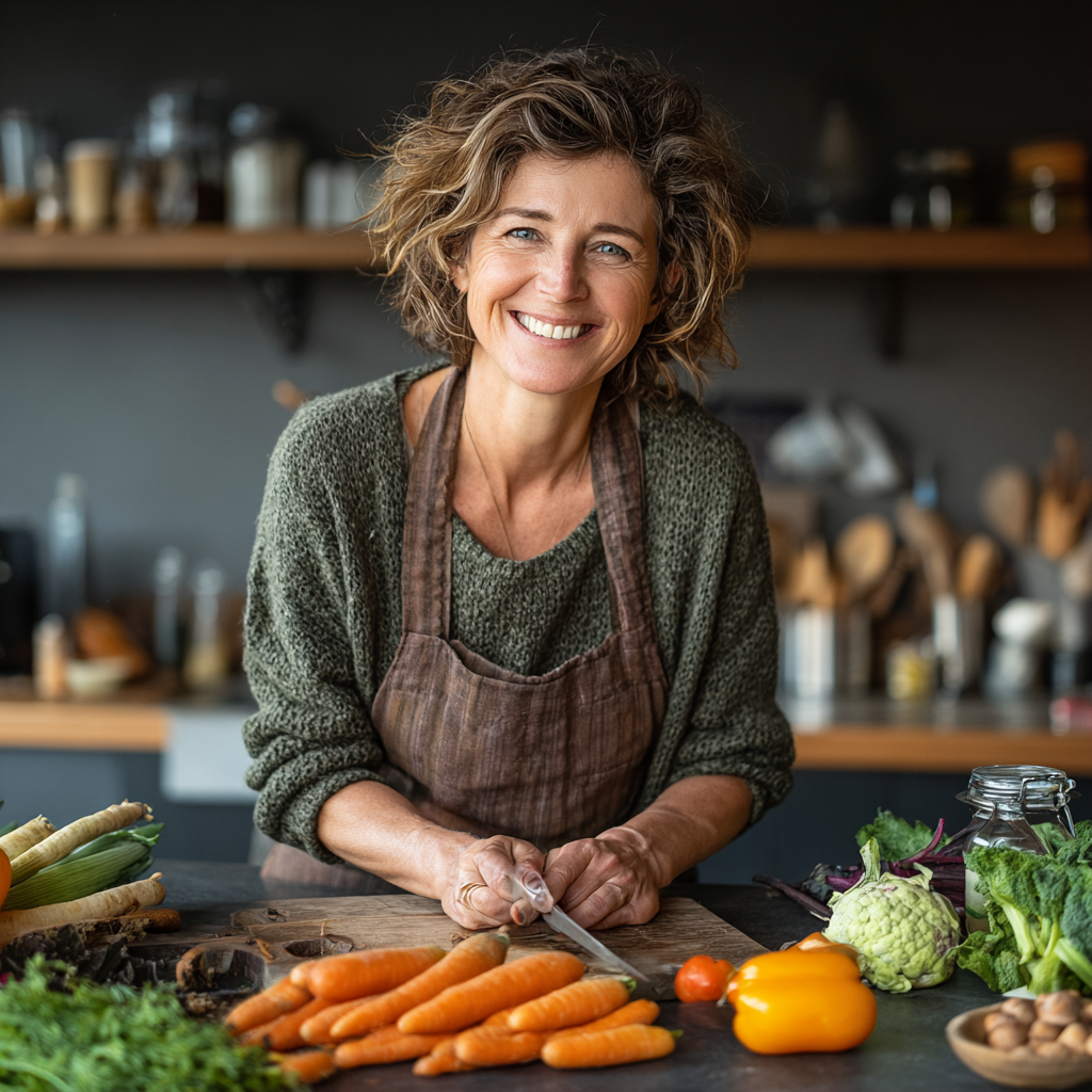 Middle-aged woman in her 40s with a warm smile preparing fresh vegetables and healthy ingredients in a modern kitchen, representing healthy meal planning and nutrition