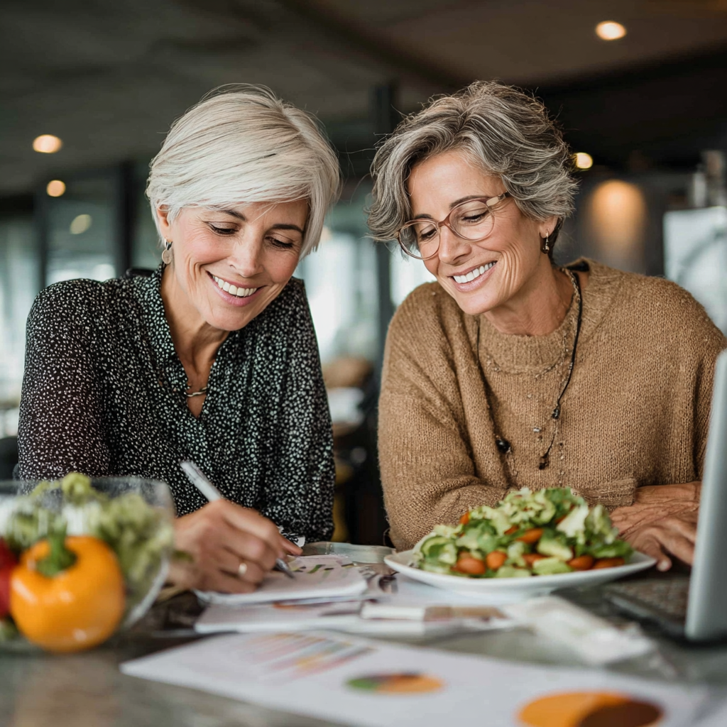 Professional nutritionist in her 50s with short gray hair consulting with a middle-aged client, reviewing healthy meal plans and food charts in a bright modern office setting